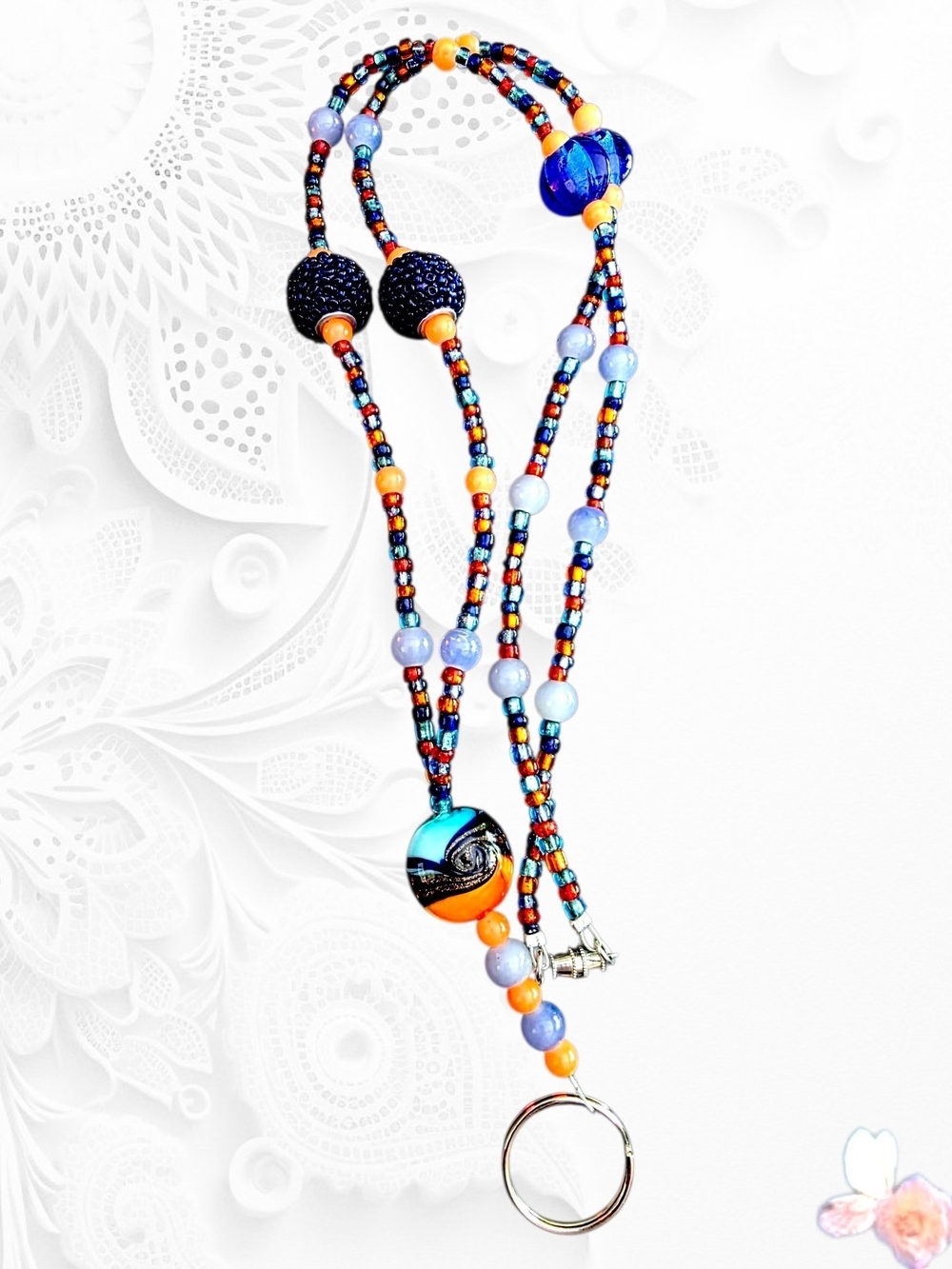 Art Glass Beaded Lanyard Necklace Multicolor Lampwork Key Ring